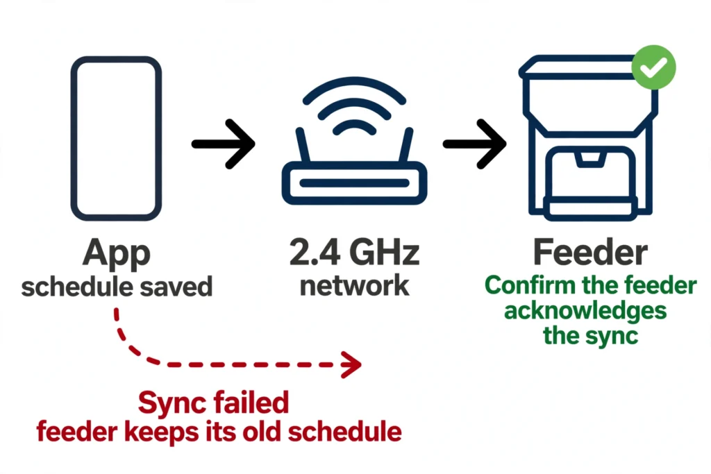 Diagram of the schedule sync path from the phone app through the 2.4 GHz network to the feeder, and what happens when the sync fails