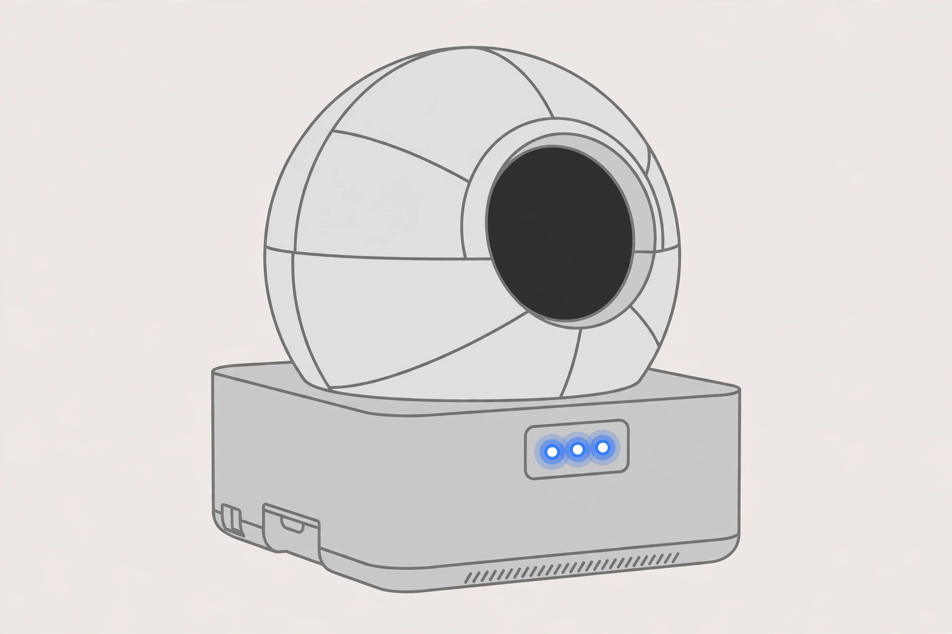 Illustration of an automatic self-cleaning litter box with glowing blue indicator lights