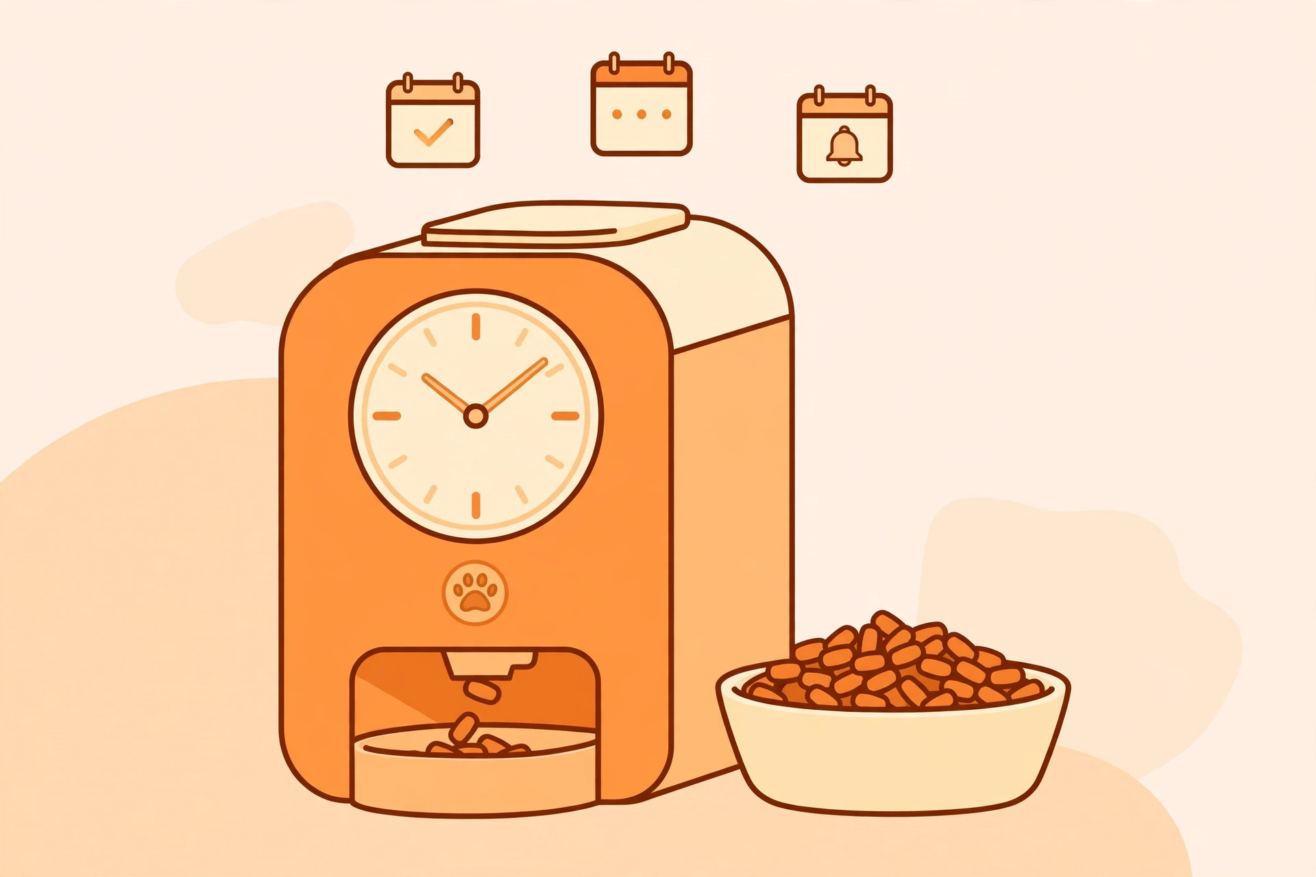 Illustration of an automatic pet feeder with a clock and schedule icons