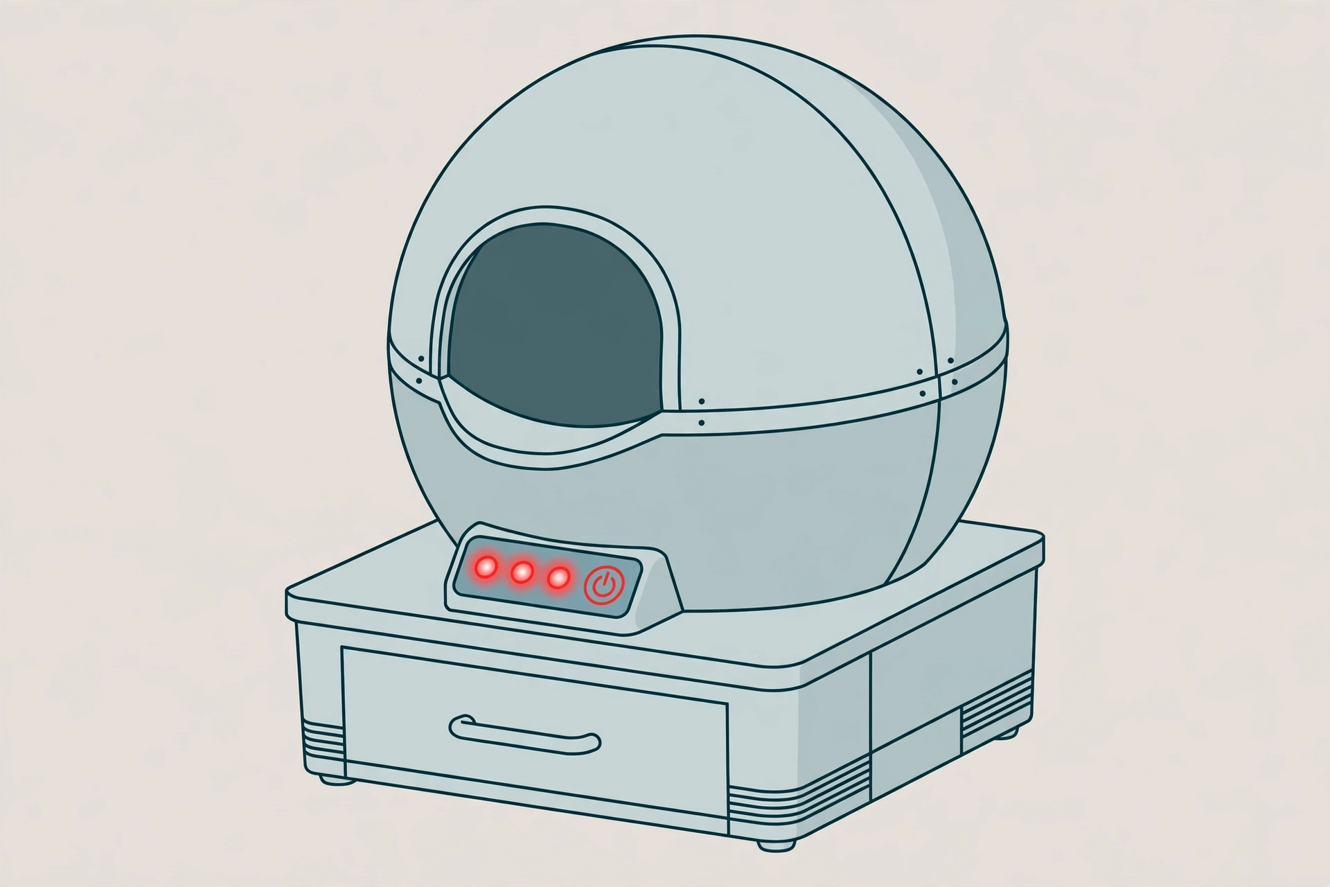 Illustration of an automatic self-cleaning litter box with glowing red indicator lights