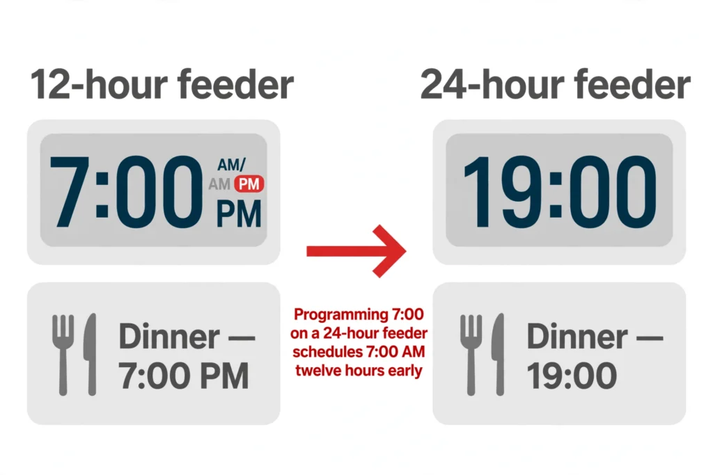 Diagram comparing 12-hour and 24-hour time formats, showing how programming 7:00 on a 24-hour feeder schedules the meal twelve hours early